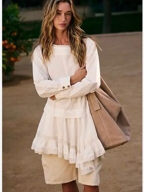 NWOT Free People La Bamba Women’s Cream Long Sleeve Ruffle Tunic Top Sz XS